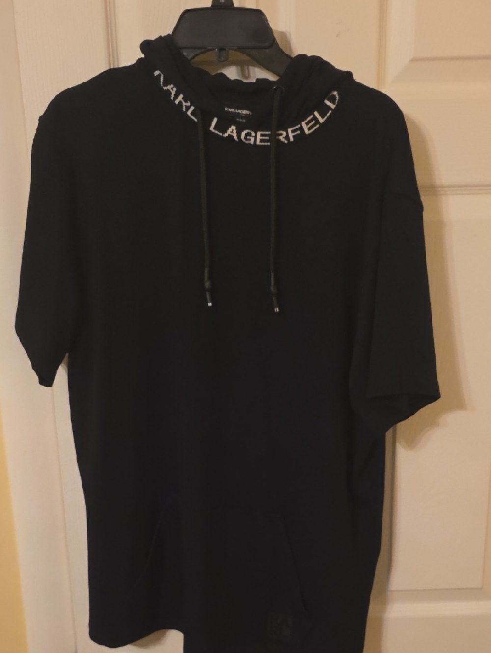 Karl Lagerfeld Black Short-Sleeve Hooded Sweatshirt with Logo Neck